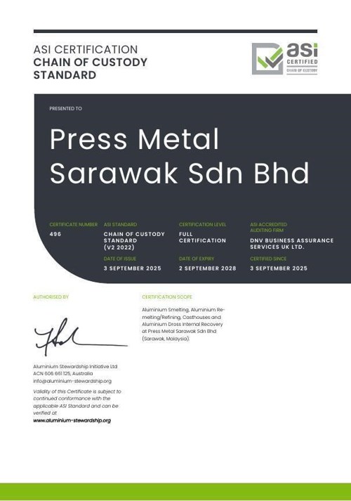 ASI certifies Press Metal Sarawak Sdn Bhd against Chain of Custody Standard V2