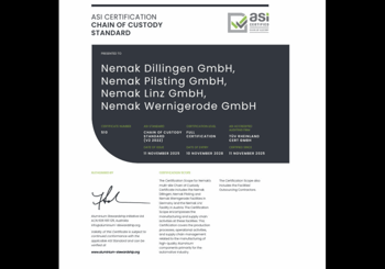 ASI certifies Nemak Dillingen GmbH, Nemak Pilsting GmbH, Nemak Linz GmbH and Nemak Wernigerode GmbH against Chain of Custody Standard V2