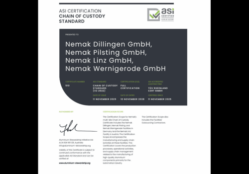 ASI certifies Nemak Dillingen GmbH, Nemak Pilsting GmbH, Nemak Linz GmbH and Nemak Wernigerode GmbH against Chain of Custody Standard V2