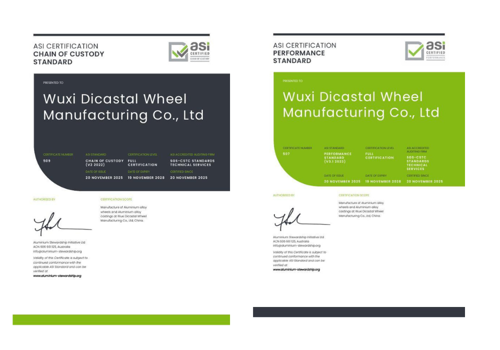 ASI certifies Wuxi Dicastal Wheel Manufacturing Co., Ltd. against Performance Standard V3.1 and Chain of Custody V2