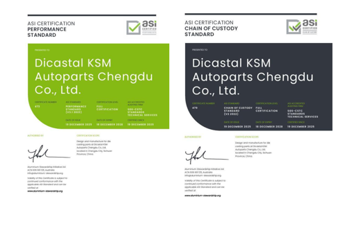 ASI certifies Dicastal KSM Autoparts Chengdu Co., Ltd. against Performance Standard V3.1 and Chain of Custody V2