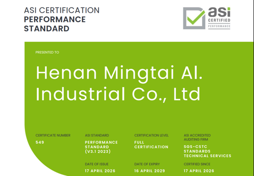 ASI certifies Henan Mingtai Al. Industrial Co., Ltd., against Performance Standard V3.1