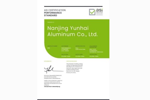 ASI certifies Nanjing Yunhai Aluminum Co., Ltd. against Performance Standard V3.1