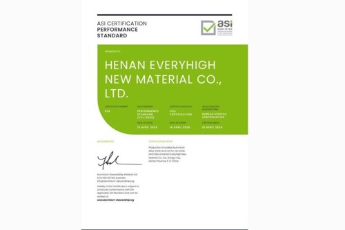 ASI certifies Henan Everyhigh New Material Co., Ltd. against Performance Standard V3.1