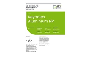 ASI certifies Reynaers Aluminium NV against Performance Standard V3.1