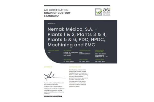 ASI certifies Nemak México S.A. facilities against Chain of Custody Standard V2