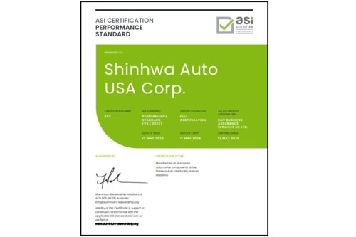 ASI certifies Shinhwa Auto USA Corp. against Performance Standard V3.1