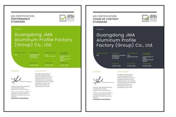ASI certifies Guangdong JMA Aluminium Profile Factory (Group) Co., Ltd. against Performance Standard V3.1 and Chain of Custody V2