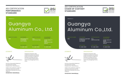 ASI certifies Guangya Aluminum Co., Ltd. against Performance Standard V3.1 and Chain of Custody V2