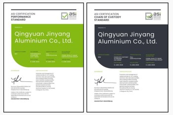 ASI certifies Qingyuan Jinyang Aluminium Co., Ltd. against performance standard V3.1 and Chain of Custody V2